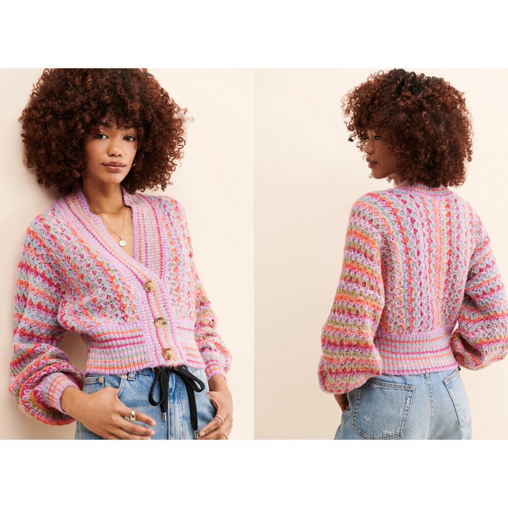 Urban Outfitters Nora Multicolored Cardigan Womens M Pink Purple Crochet Cropped - Picture 2 of 10